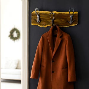 Oleaster Wood Wall Hanger with Chrome Hooks, Rustic Entryway Organizer