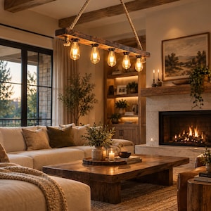 Può includere: Un lampadario rettangolare a trave di legno sospeso da una corda spessa, dotato di cinque lampadine in stile Edison rivolte verso il basso. L'apparecchio ha una finitura in legno scuro e usurato ed è posizionato orizzontalmente.