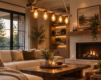 Rustic Wooden Beam Chandelier, Farmhouse Kitchen Island Light, Rope Pendant Lighting, Handmade Dining Room Fixture
