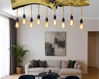 Black Chain Olive Wood Chandelier – Natural Live Edge Wooden Ceiling Light – Rustic Industrial Farmhouse Lighting – 1–9 Light Custom Options
