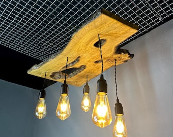 Handmade Olive Wood Live Edge Chandelier, Farmhouse Pendant Lighting