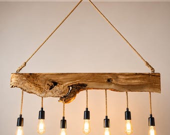 Olive Wood Chandelier | Live Edge Rustic Ceiling Light | Handmade Farmhouse Lighting | Natural Wood Pendant Lamp
