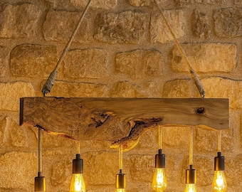 130 / 140 / 150 cm (≈ 51” / 55” / 59”) Live Edge Olive Wood Chandelier – Handmade Rustic Wooden Light Fixture