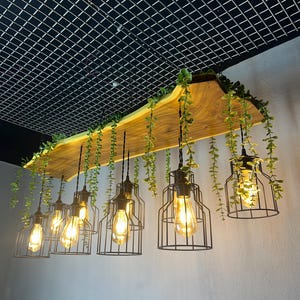 Live Edge Oleaster (Jujube) Wood Pendant Light Fixture – Rustic Cage Chandelier with Included Greenery | Farmhouse & Modern Ceiling Light