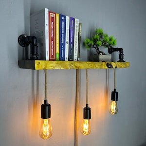 May include: A rustic wooden shelf with three hanging light bulbs. The shelf is mounted on a gray wall and features a small bonsai tree and a row of books. The light bulbs have Edison-style filaments.