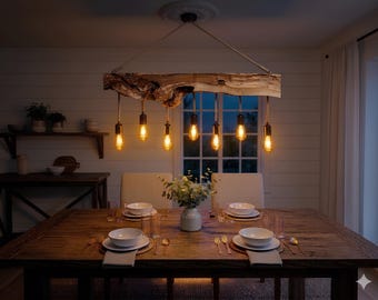 Olive Wood Live Edge Chandelier – Handmade Rustic Natural Wood Ceiling Light – Unique Gift for Home Decor – Custom Lighting