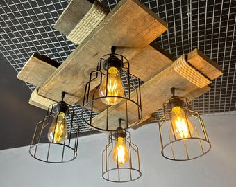 Handmade Square Wood Chandelier, Rustic Farmhouse Pendant Light, Vintage Rustic Ceiling Lamp, Industrial Wood Hanging Light,Retro Home Decor