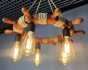 Lámpara de araña rústica de madera con forma de timón de barco, lámpara de techo náutica hecha a mano, lámpara colgante de madera de 5 luces E27, decoración del hogar