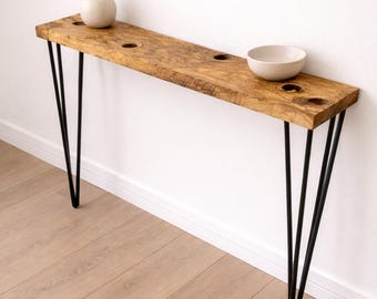 Rustieke olijfhouten smalle consoletafel | Massief olijfhouten bijzettafel | Radiatorplank | Gangtafel, woonkamermeubilair, dunne tafel
