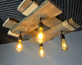 Hanging Pendant Lamp, Handmade Farmhouse Chandelier, Industrial Style Ceiling Lamp, Rustic Wooden Light, Boho Kitchen Dining Room Light