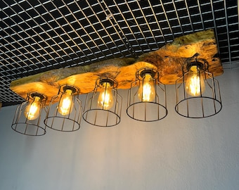Rustikale Metallkäfig Leuchte - Olivenholz Deckenleuchte | Natürliche Deckenlampe