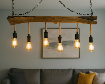 W-Chain Olive Wood Live Edge Chandelier – Rustic Handmade Pendant Light for Dining Table & Kitchen