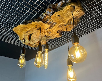 Live Edge Olive Wood Chandelier – Rustic Farmhouse Ceiling Light, Natural Wood Decor