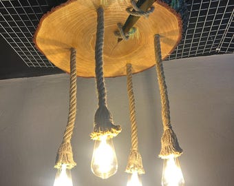 Handmade Rustic Walnut Wood Slice Chandelier, Live Edge Ceiling Light with Jute Stitch, Rustic Pendant Chandelier-Office, Home Rustic Light