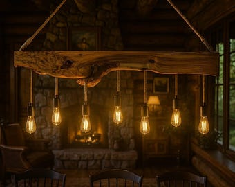 130 / 140 / 150 cm (≈ 51” / 55” / 59”) Live Edge Olive Wood Chandelier – Handmade Rustic Wooden Light Fixture