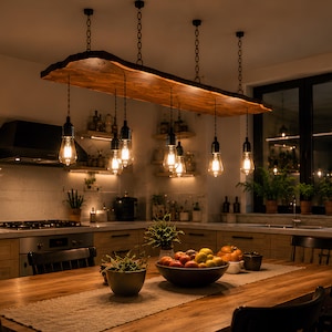 May include: A live edge wooden slab pendant light fixture suspended by four black chains, featuring six hanging Edison-style light bulbs with visible filaments. The fixture is positioned above a long wooden dining table in a kitchen setting.