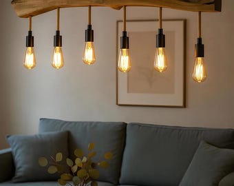 Black Chain Olive Wood Live Edge Chandelier – Rustic Handmade Pendant Light for Dining Table & Kitchen
