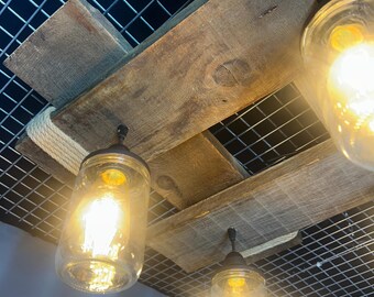 Rustic Barn Wood Mason Jar Chandelier: Farmhouse Pendant Light, Rustic Mason Jar Chandelier, Wooden Hanging Jar Light, Vintage Jar Lighting