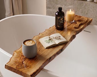 Bandeja de bañera de madera de olivo antigua / Organizador de baño de lujo hecho a mano con madera de olivos de 500 a 1000 años / Estante organizador para baño tipo spa