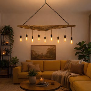 May include: A rustic, wooden chandelier with eight Edison-style light bulbs hangs above a yellow sectional sofa. The light fixture is suspended by a black chain. A round wooden coffee table and a landscape painting complete the cozy living room setting.