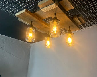 Rustic Barn Wood Mason Jar Chandelier: Farmhouse Pendant Light, Rustic Mason Jar Chandelier, Wooden Hanging Jar Light, Vintage Jar Lighting