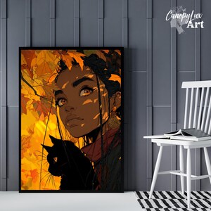 Fall Girl and Black Cat Art Print: Cozy Autumn Illustration (Digital Download