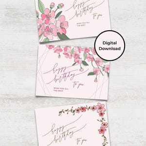 Sakura Birthday Card Set - 3 Printable Designs | Cherry Blossom Greeting Cards 5x7 & US Letter | Instant Download