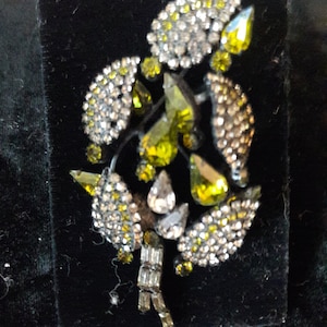 Vint VENDOME Japaned Layered Green & Clear Rhinestone Leaf Pin - 3&quot;