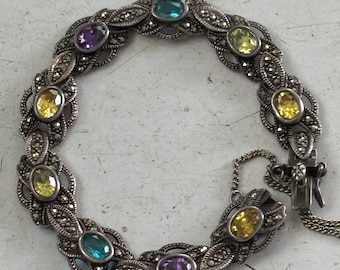 Vintage MRF Sterling Silver 925 Marcasite & Colorful Rhinestone Link Bracelet - 7.5”