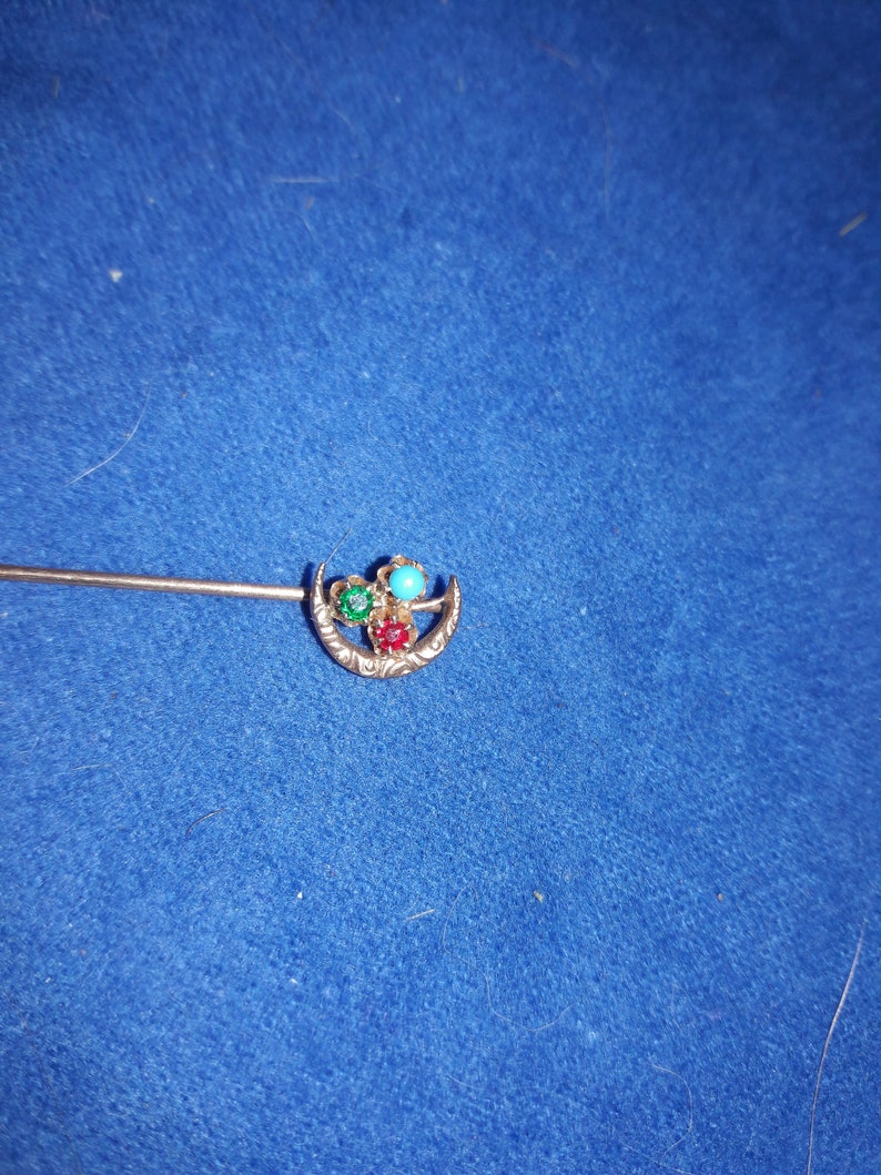 Antique Victorian 10K Rose Gold Turquoise, Garnet, Green Stone & Moon Stick Pin