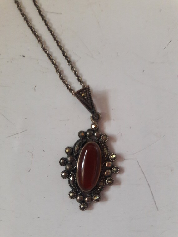 Victorian Sterling Silver 925 Carnelian Marcasite… - image 4