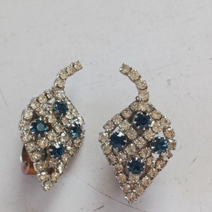 Vint HOBE Blue & Clear Rhinestone Leaf Earrings