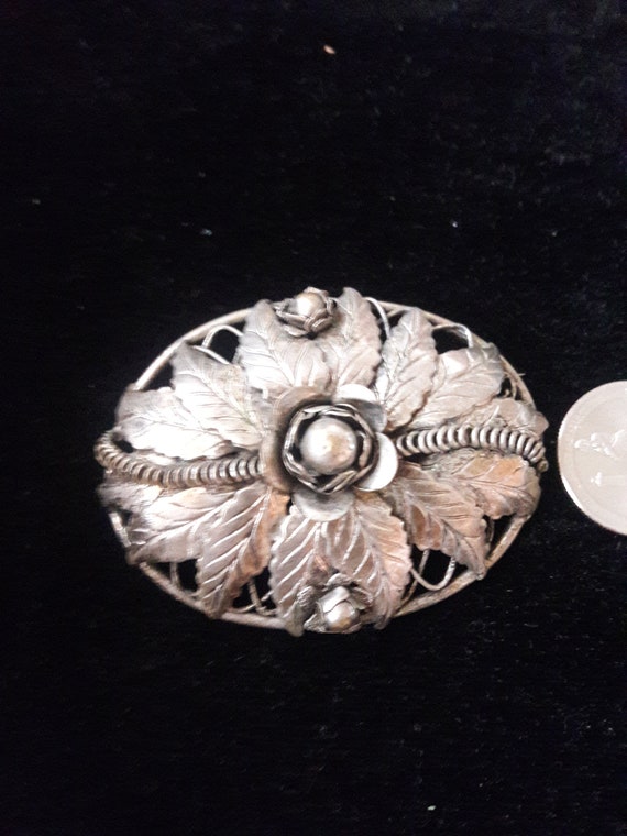 Edwardian Silver-tone Large Ornate 3D Floral/Leaf… - image 1