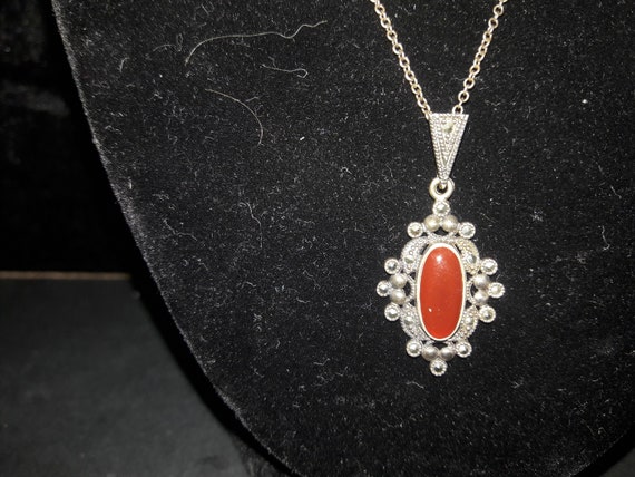 Victorian Sterling Silver 925 Carnelian Marcasite… - image 1