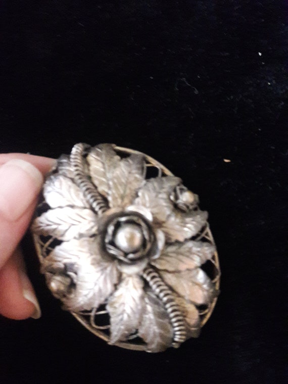 Edwardian Silver-tone Large Ornate 3D Floral/Leaf… - image 5
