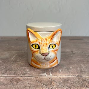 May include: A ceramic jar with a lid, featuring a hand-painted orange tabby cat face. The cat has yellow eyes and orange and white stripes. The jar is light gray and sits on a wooden surface.