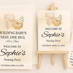 Babyshower-paket för nygifta – inbjudan, välkomstskylt, tacklapp och kort med "Vad man ska ta med" | Redigerbara Canva-mallar