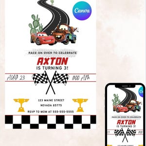 Cars Theme Birthday Invitation | Lightening McQueen Mater Invitation, Kids Birthday Invitation | Editable Personalized Canvas Printable