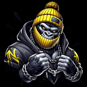 Peut inclure: Illustration stylisée d'un gorille portant un bonnet jaune, une veste à capuche noire et une chaîne argentée. Le gorille a une barbe jaune et des yeux jaunes, sur fond noir.