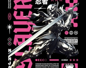 スレイヤー クロームナイト ニンジャ グラフィック Tシャツ – 未来的なサムライ ストリートウェア Tシャツ | アニメ アーバンスタイル シャツ