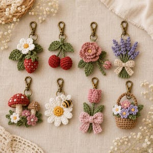 May include: Eight crochet keychains featuring various designs: a strawberry with a white flower, two red cherries, a pink rose, a lavender bouquet with a beige bow, mushrooms, a daisy with a bee, a pink tulip with a bow, and a flower basket.
