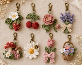 8 Crochet Bag Charm Patterns, Botanical Keychain Bundle PDF, Flower, Fruit & Mushroom Charms