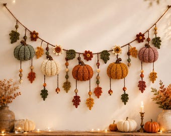 Crochet Pumpkin Garland Pattern PDF: Autumn Leaves, Flowers, Beads & Fall Decor