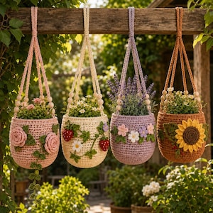 May include: Four hanging crochet plant baskets in pink, cream, lavender, and brown. The pink basket features roses, the cream basket has strawberries and daisies, the lavender basket displays small flowers, and the brown basket features a sunflower.