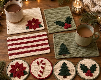 Christmas Mug Rug & Coaster Crochet Pattern PDF, 8-Piece Holiday Bundle