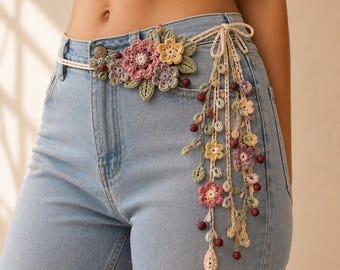 Crochet Waist Chain Pattern, Botanical Flower Belt PDF, Boho Body Jewelry