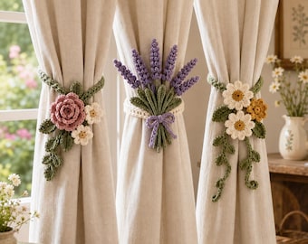 Crochet Curtain Tieback Pattern PDF, 3 Floral Botanical Curtain Holders