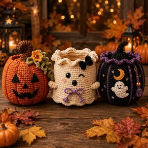 Puede incluir: Tres decoraciones de Halloween tejidas a ganchillo: una calabaza naranja con tallo marrón y flor verde, un fantasma color crema con lazo negro y cinta morada, y una calabaza negra con borde morado, una luna amarilla y un fantasma blanco.