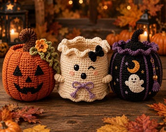Halloween Crochet Basket Pattern Bundle: Pumpkin, Ghost & Moon Cauldron PDF
