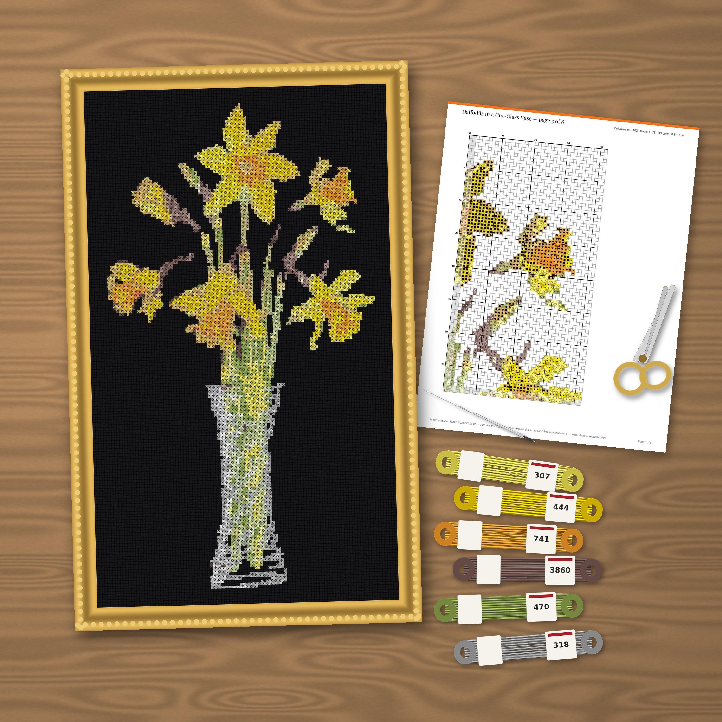 Daffodils in Cut-Glass Vase Cross Stitch Pattern PDF, Spring Flower Counted Chart, 22 DMC Colors, Black Aida, Pattern Keeper